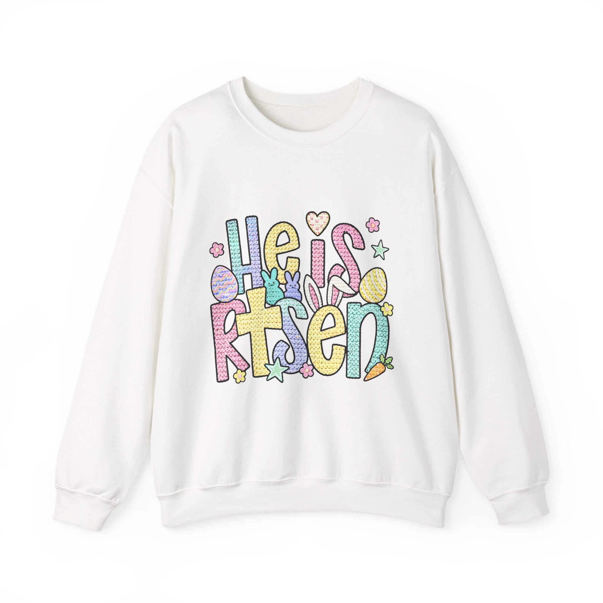 Crewneck Sweatshirt — Pastel "He is Risen" Easter Graphic