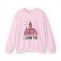 Christian Sweatshirt — Pink Church Illustration with “I John 4:19” Scripture