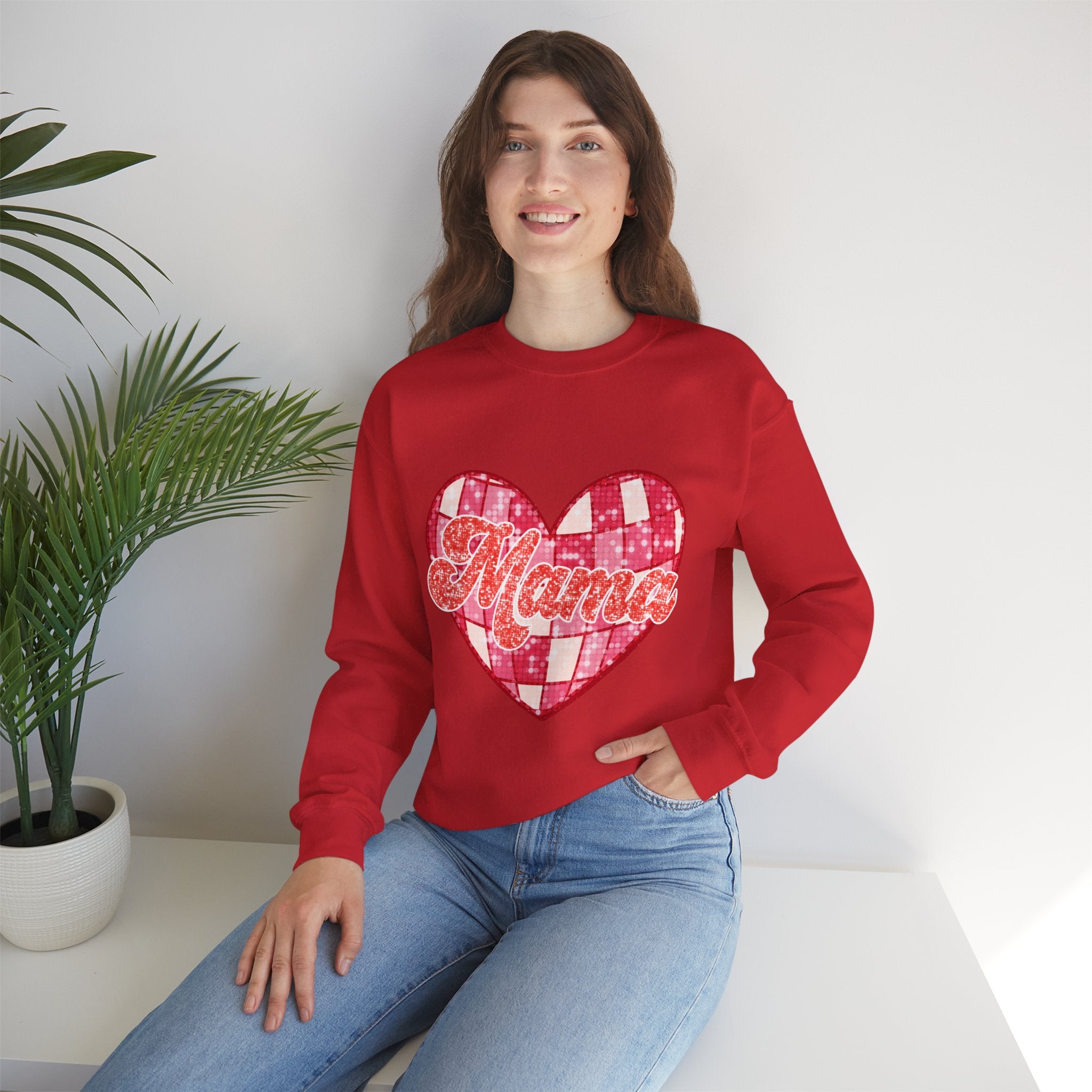 Mama Heart Crewneck Sweatshirt — Pink Patchwork Love Graphic