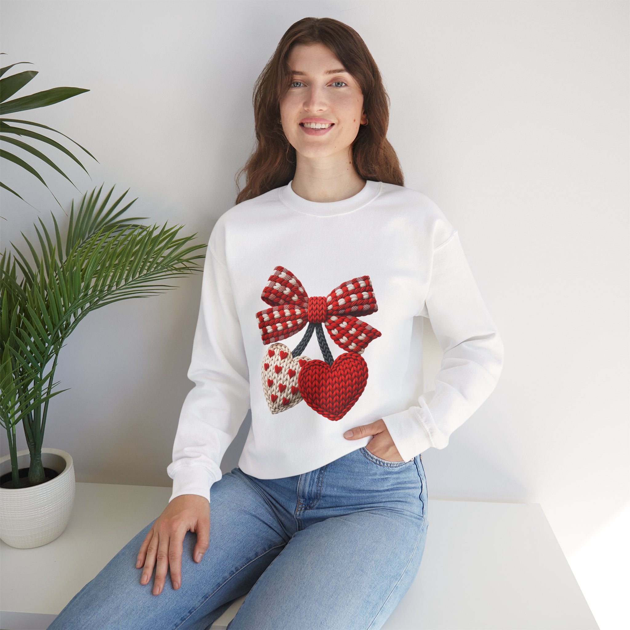 Heart Ornament Crewneck Sweatshirt — Knitted Red Hearts & Gingham Bow Valentine's Pullover