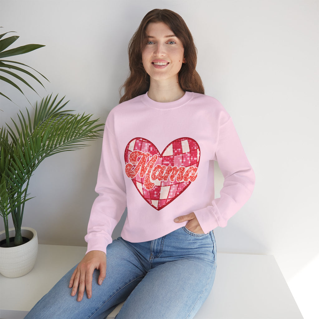 Mama Heart Crewneck Sweatshirt — Pink Patchwork Love Graphic