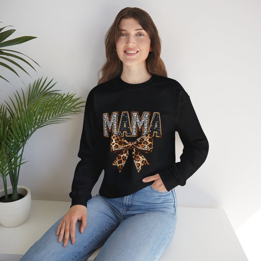 Mama Leopard Bow Crewneck Sweatshirt — Mama Graphic Pullover for Moms