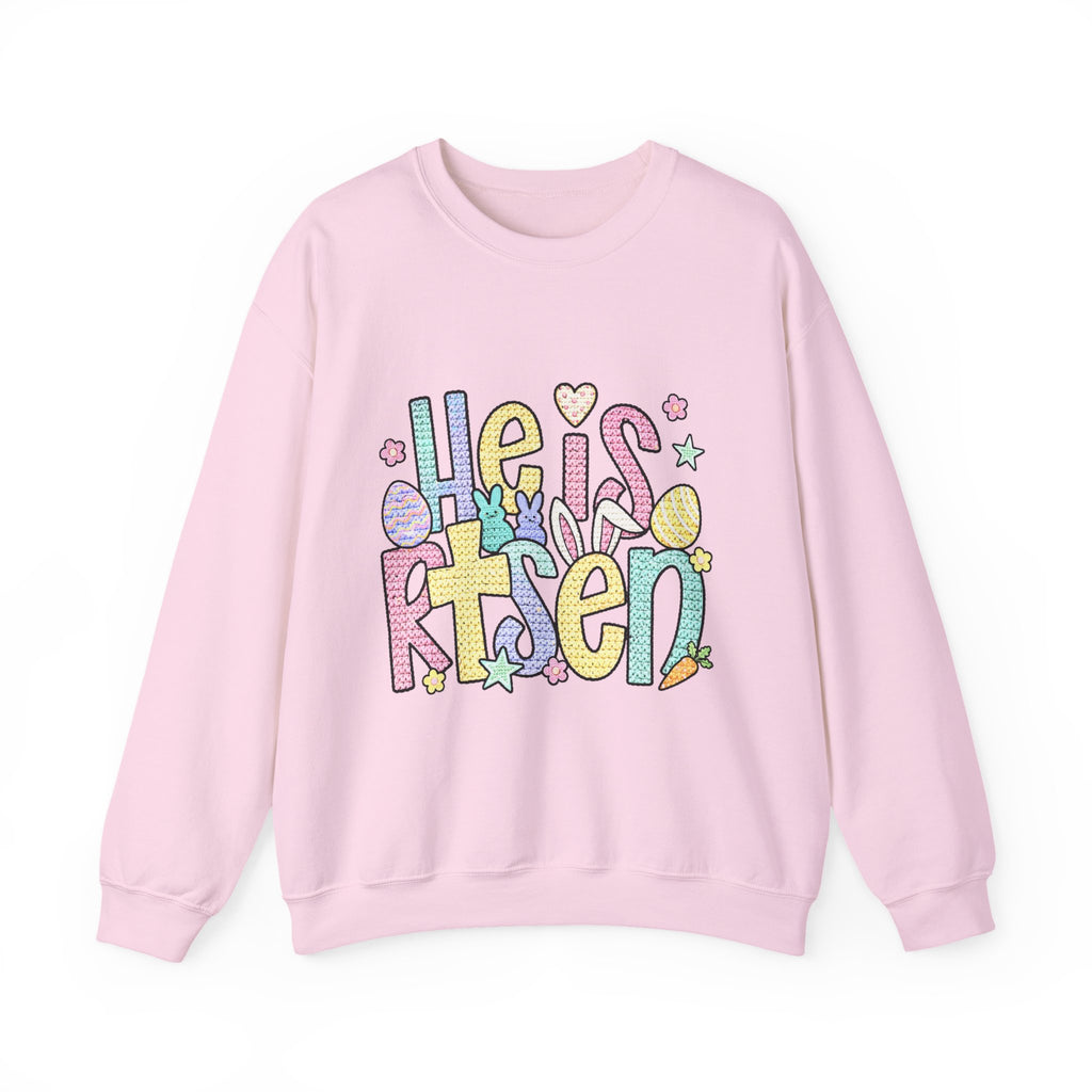 Crewneck Sweatshirt — Pastel "He is Risen" Easter Graphic