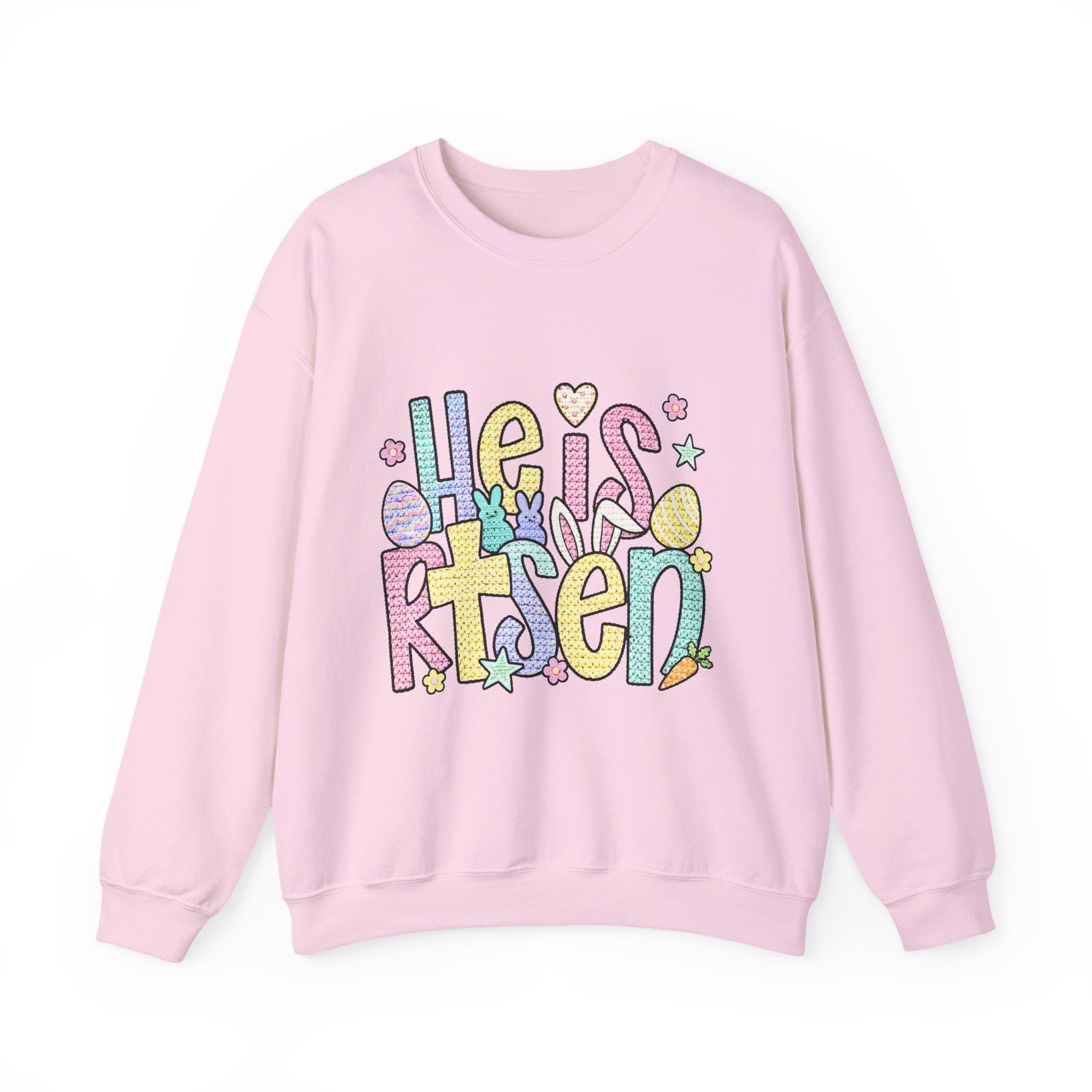 Crewneck Sweatshirt — Pastel "He is Risen" Easter Graphic