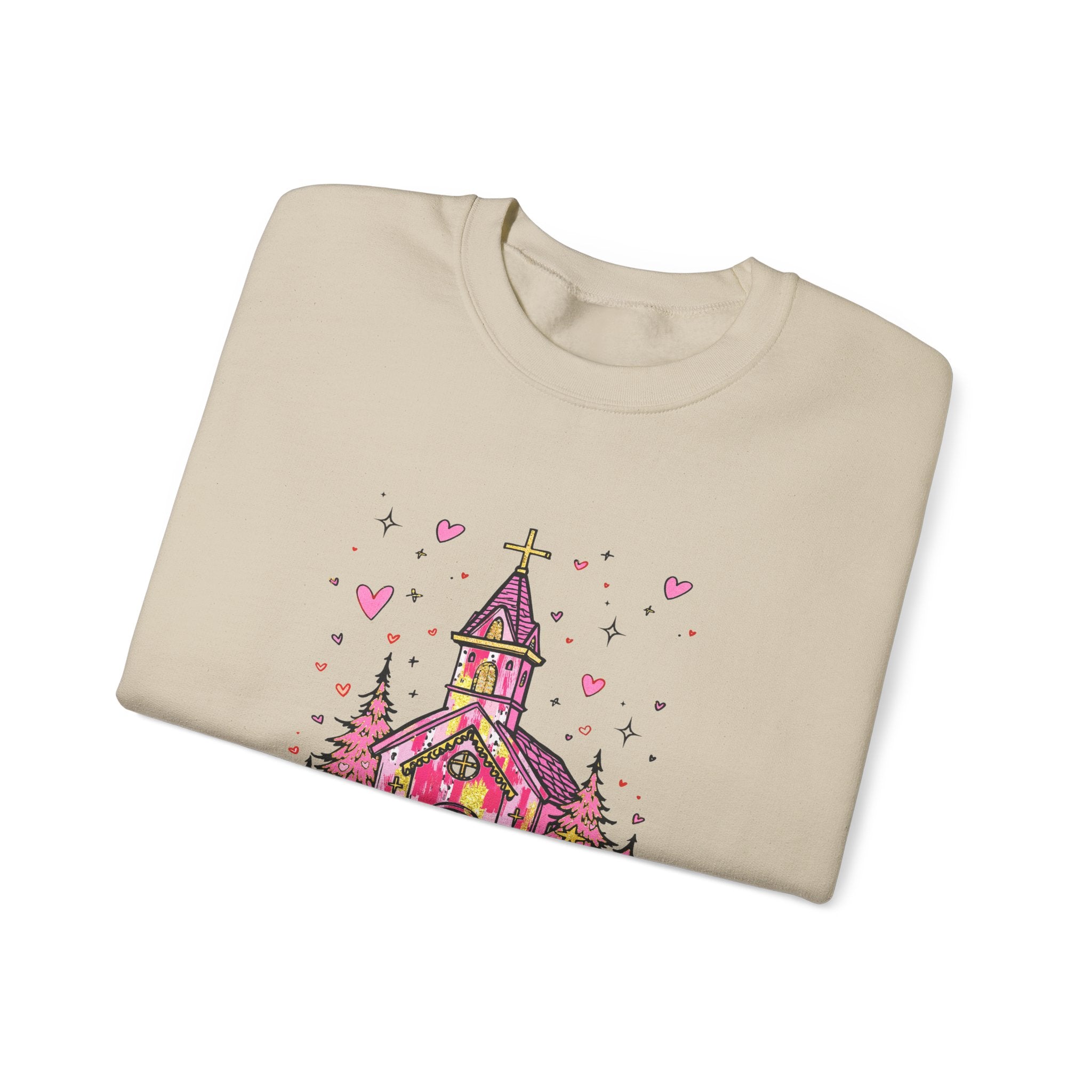 Christian Sweatshirt — Pink Church Illustration with “I John 4:19” Scripture