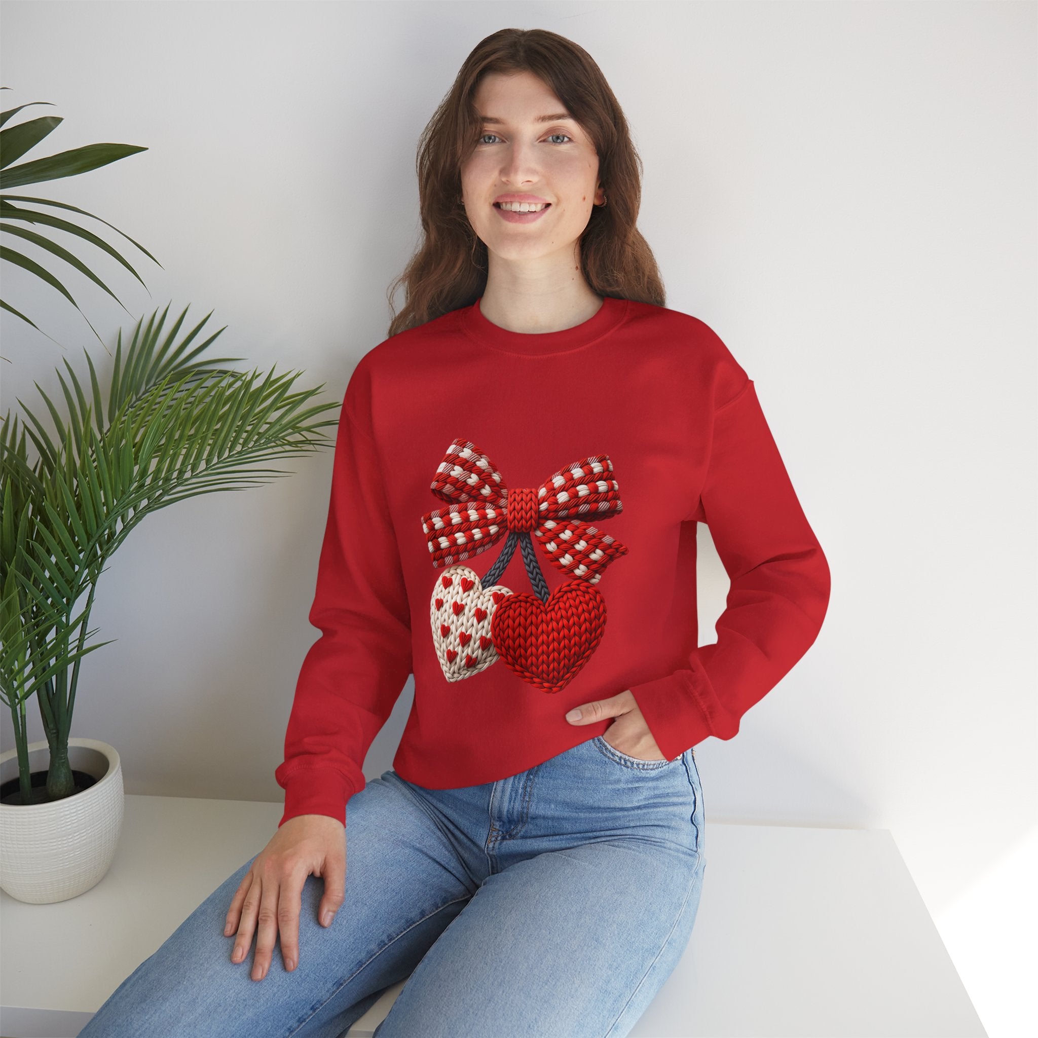 Heart Ornament Crewneck Sweatshirt — Knitted Red Hearts & Gingham Bow Valentine's Pullover