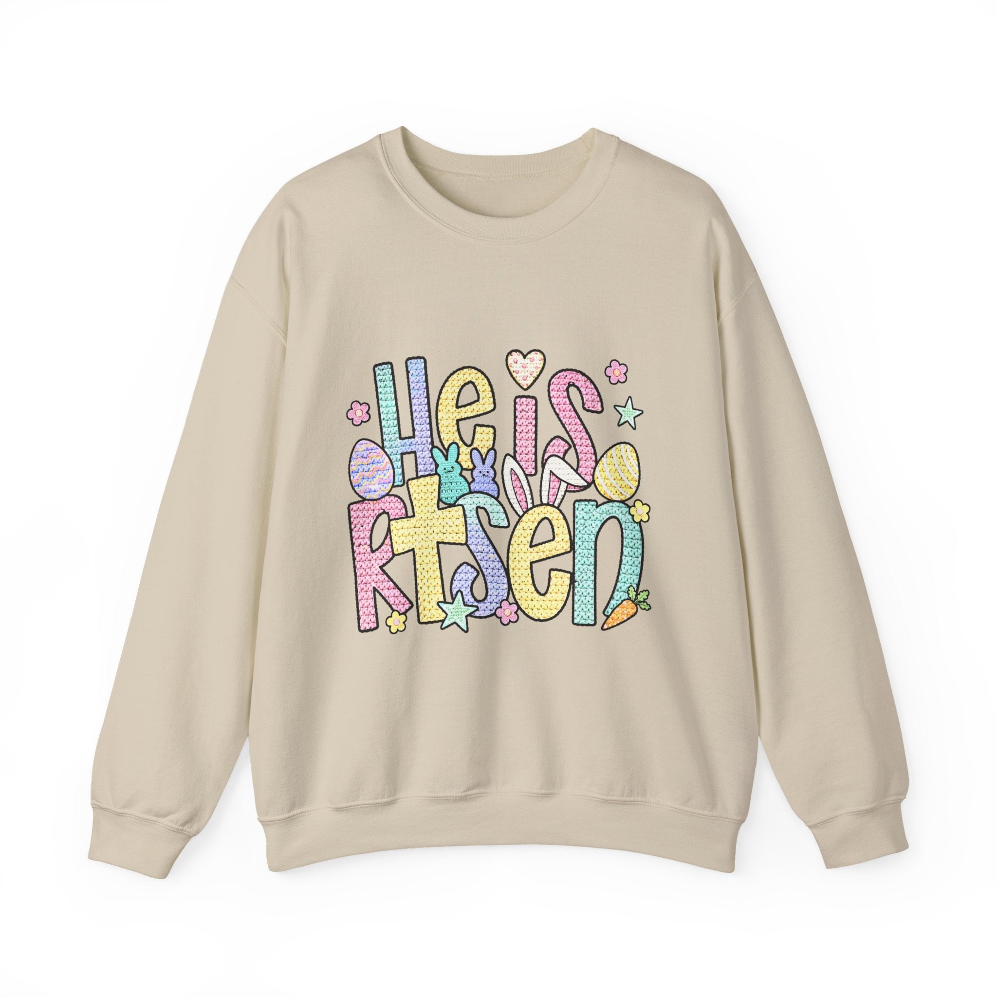 Crewneck Sweatshirt — Pastel "He is Risen" Easter Graphic