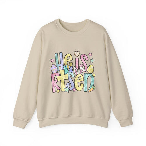 Crewneck Sweatshirt — Pastel "He is Risen" Easter Graphic