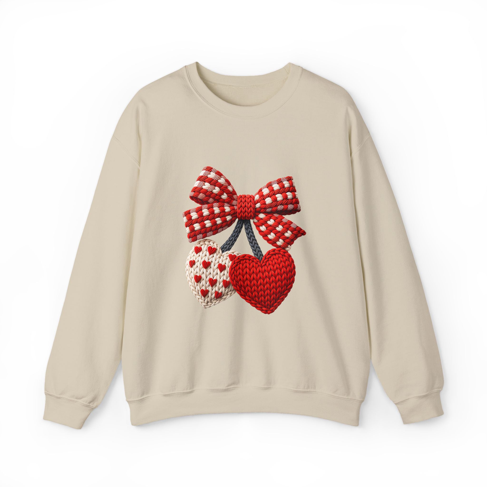 Heart Ornament Crewneck Sweatshirt — Knitted Red Hearts & Gingham Bow Valentine's Pullover