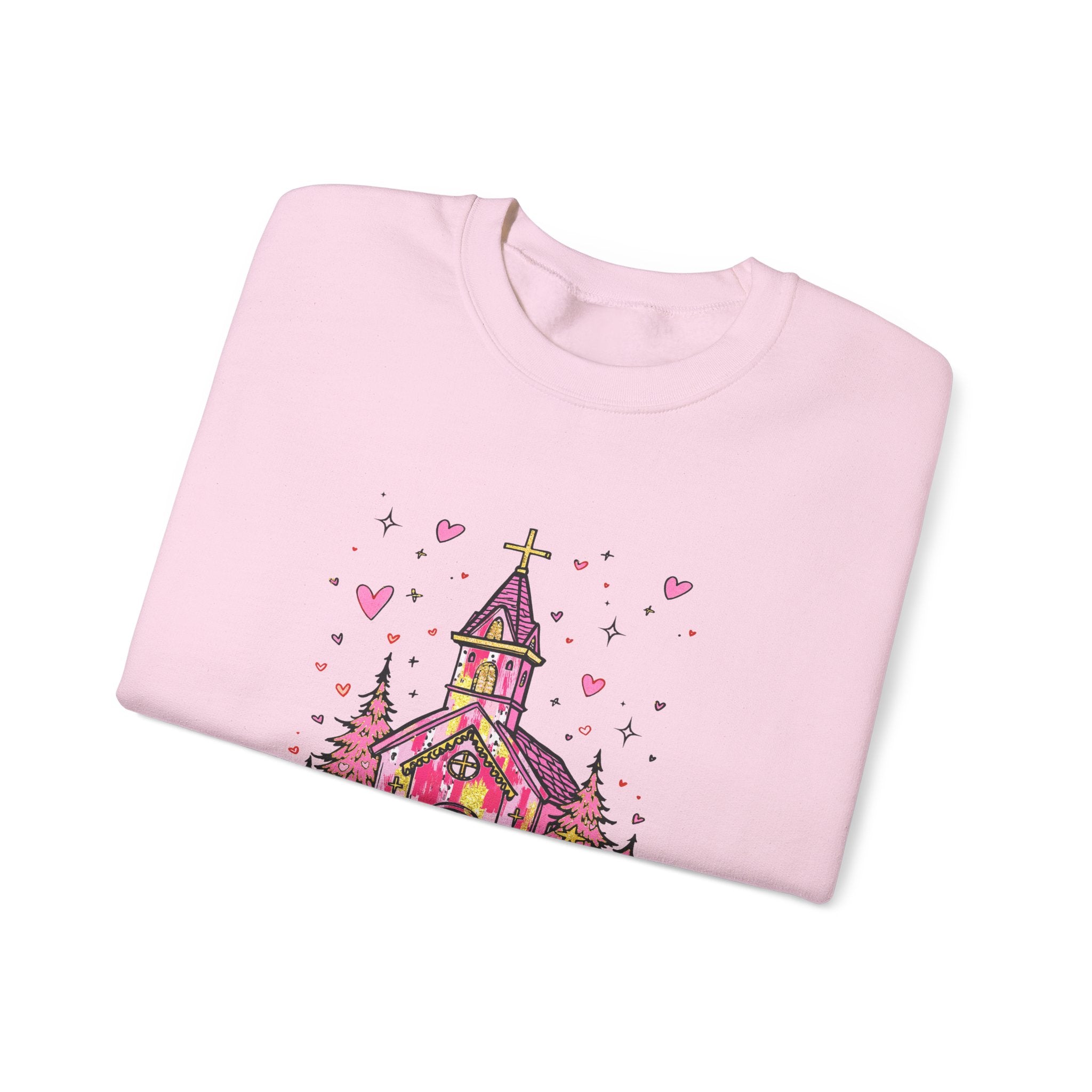 Christian Sweatshirt — Pink Church Illustration with “I John 4:19” Scripture