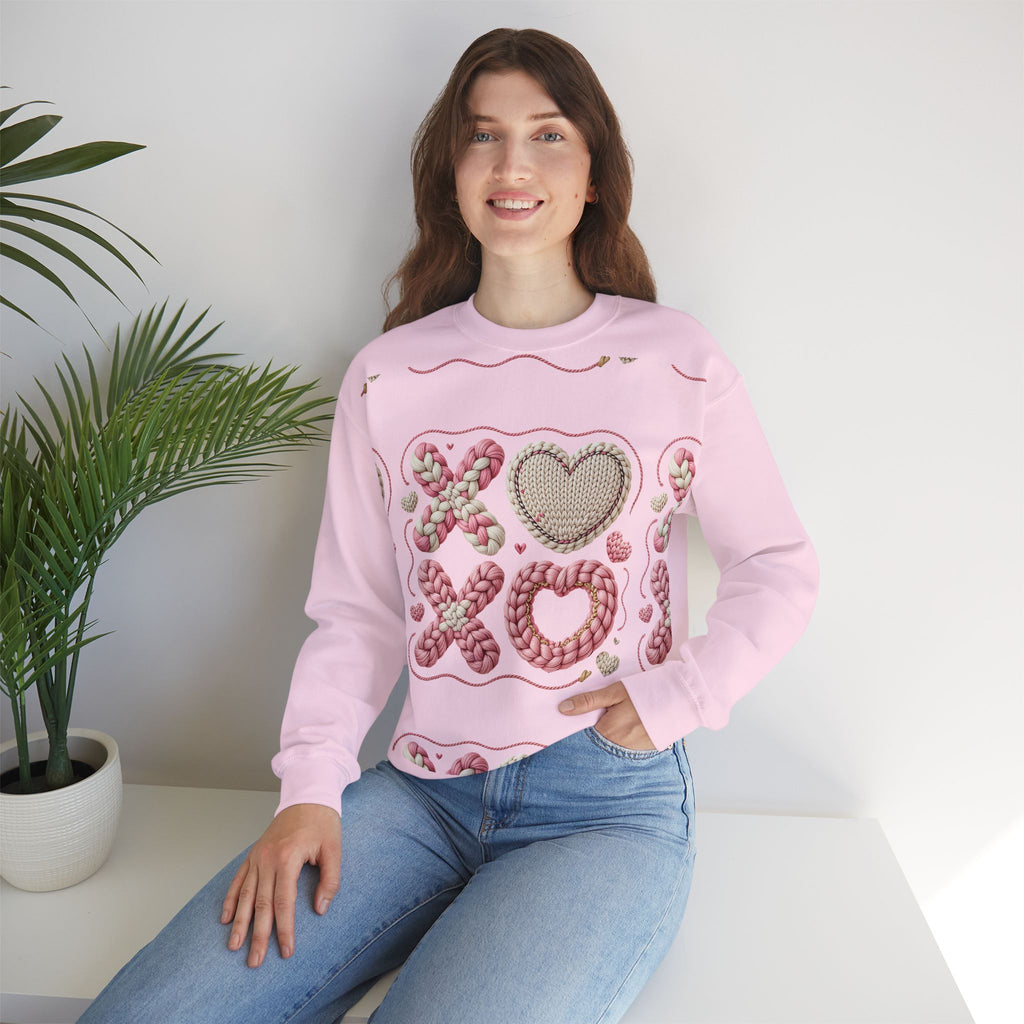 XO Heart Crewneck Sweatshirt — Pink Knit Valentine Pullover
