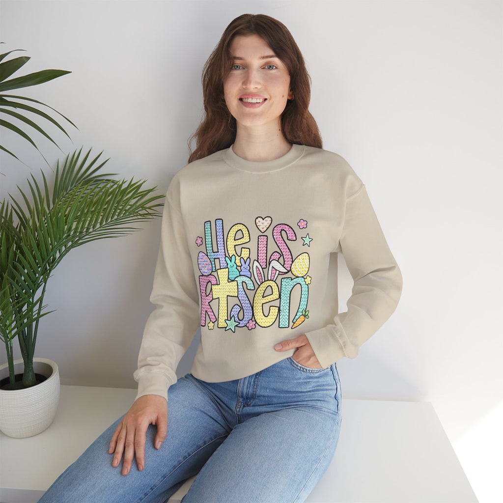 Crewneck Sweatshirt — Pastel "He is Risen" Easter Graphic