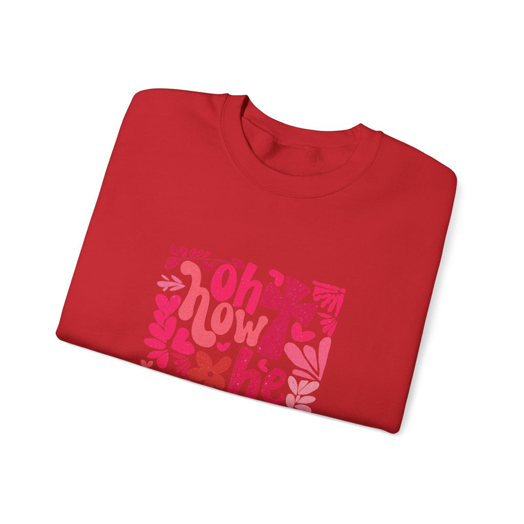 Crewneck Sweatshirt — "Oh How He Loves Us" Christian Scripture Design (Ephesians 2:4-8)