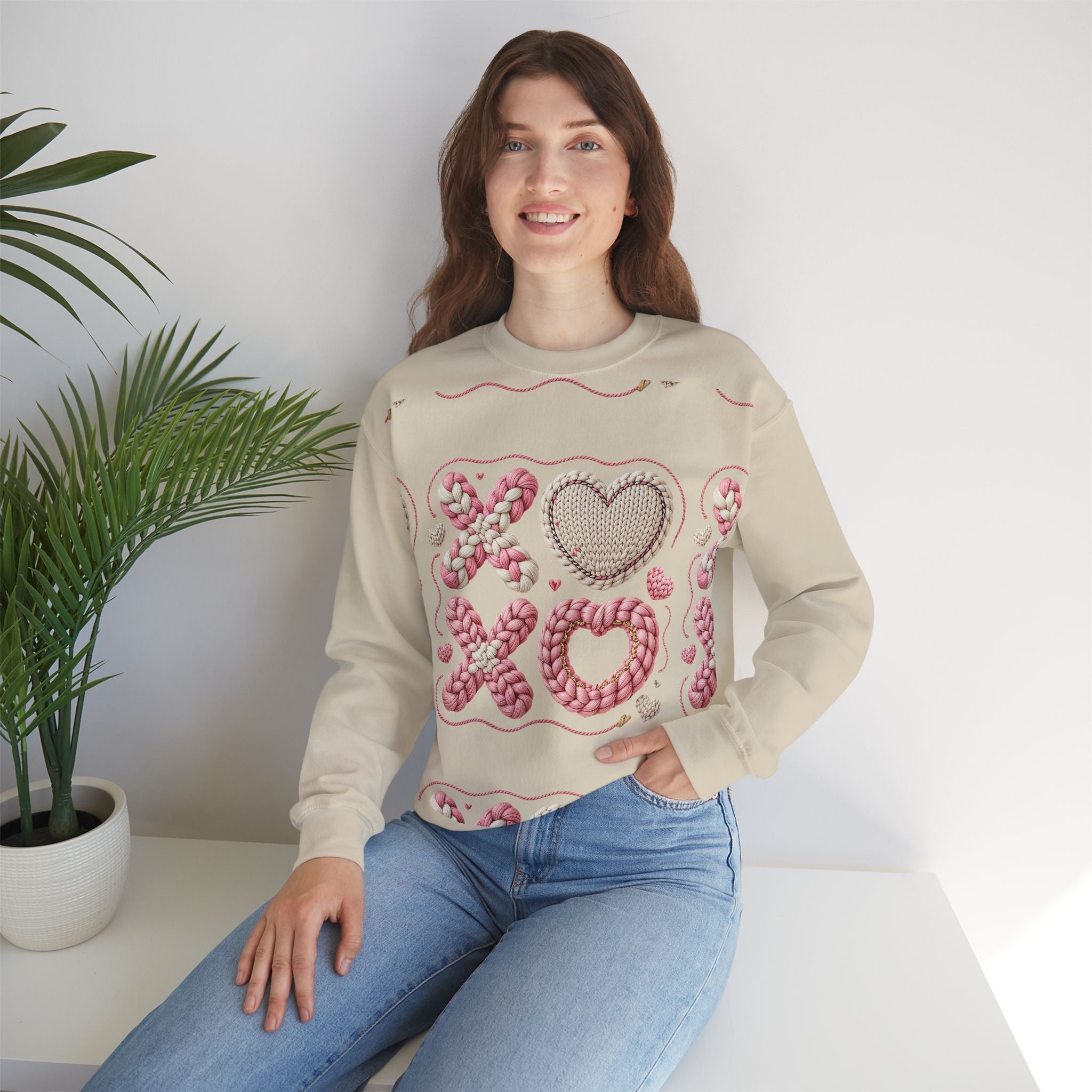 XO Heart Crewneck Sweatshirt — Pink Knit Valentine Pullover