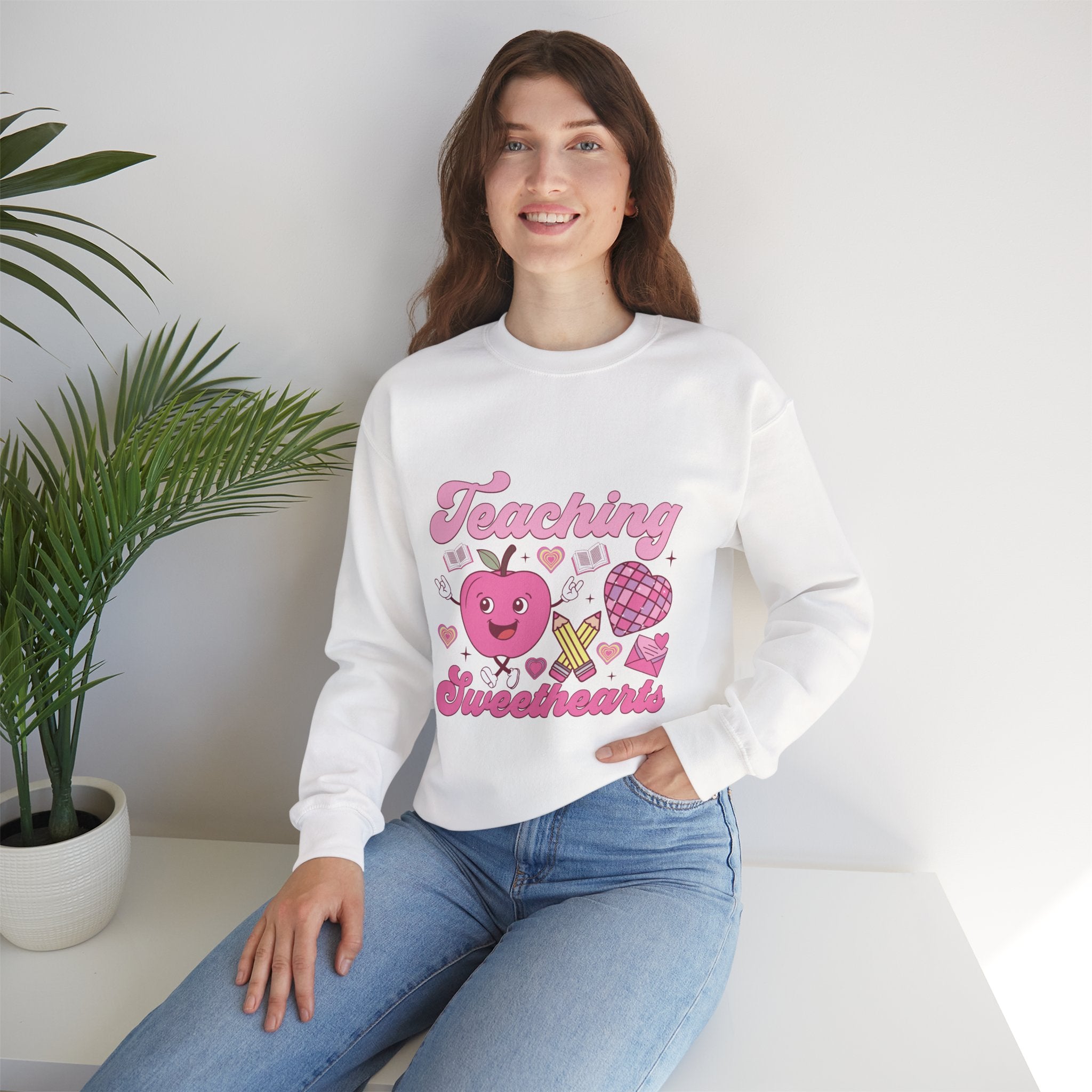 Teaching Sweethearts Crewneck Sweatshirt — Cute Pink Apple Teacher Valentine Sweatshirt