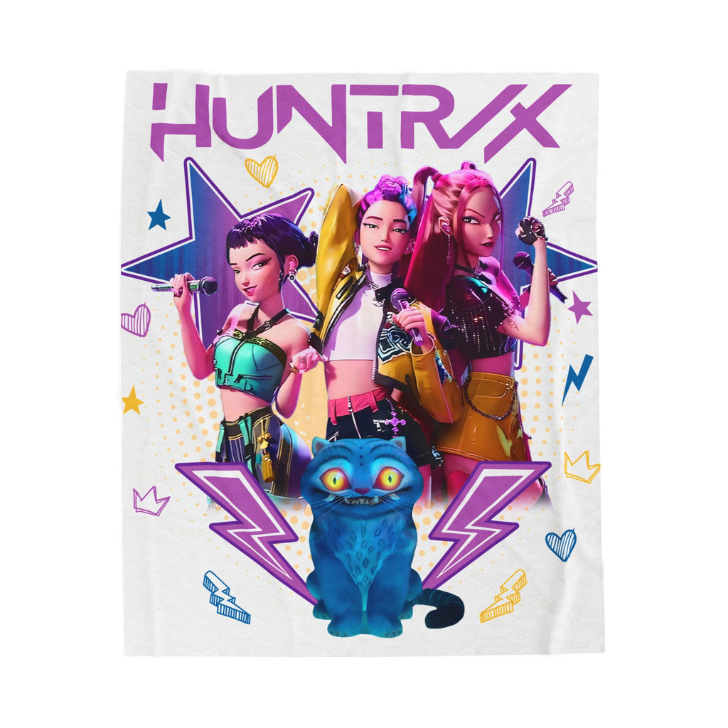 HUNTRX Girl Band Velveteen Plush Blanket – Colorful Pop Star Throw with Blue Cat