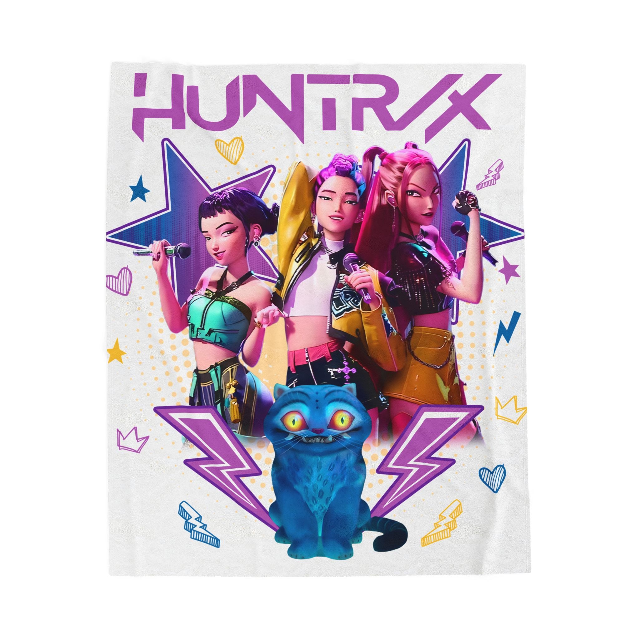 HUNTRX Girl Band Velveteen Plush Blanket – Colorful Pop Star Throw with Blue Cat