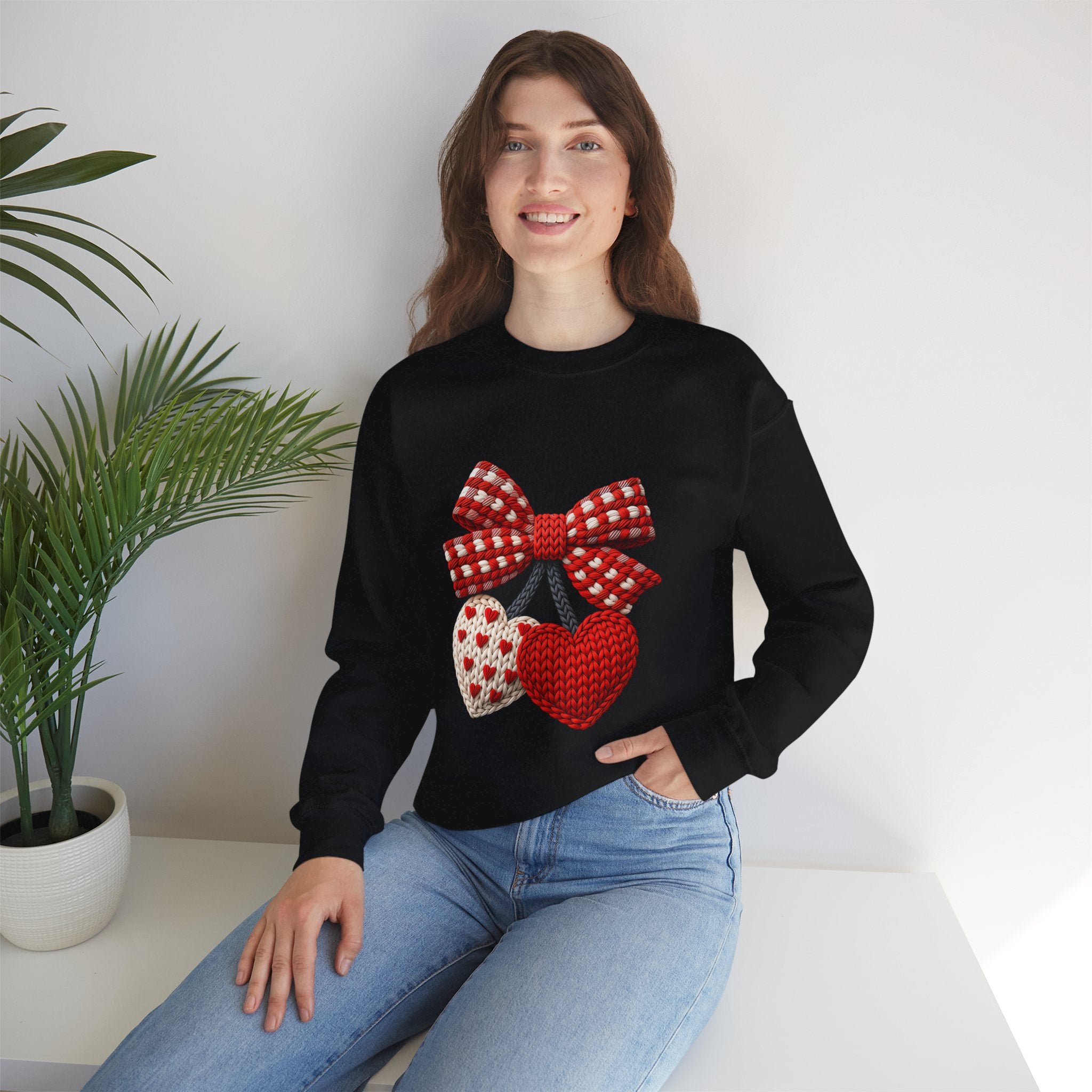 Heart Ornament Crewneck Sweatshirt — Knitted Red Hearts & Gingham Bow Valentine's Pullover
