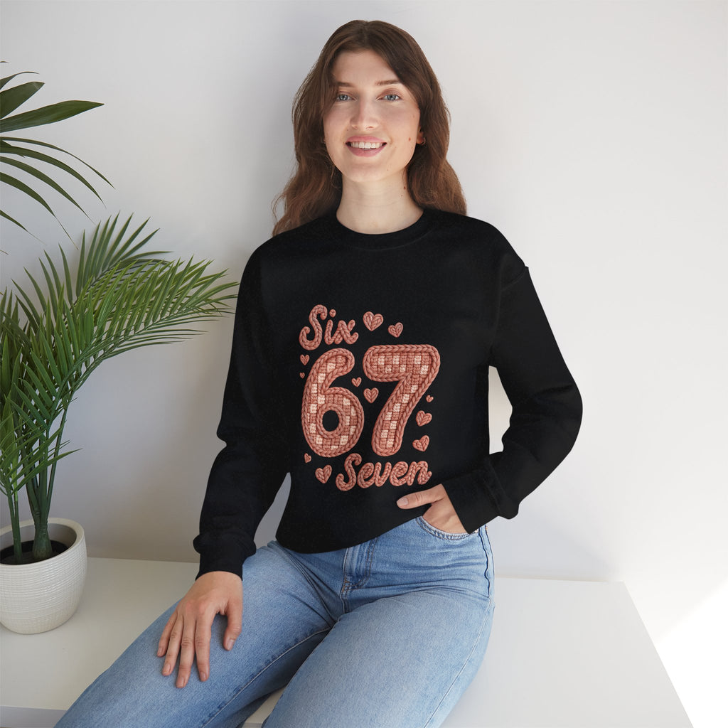 Crewneck Sweatshirt "Six Seven 67" Retro Plaid Hearts