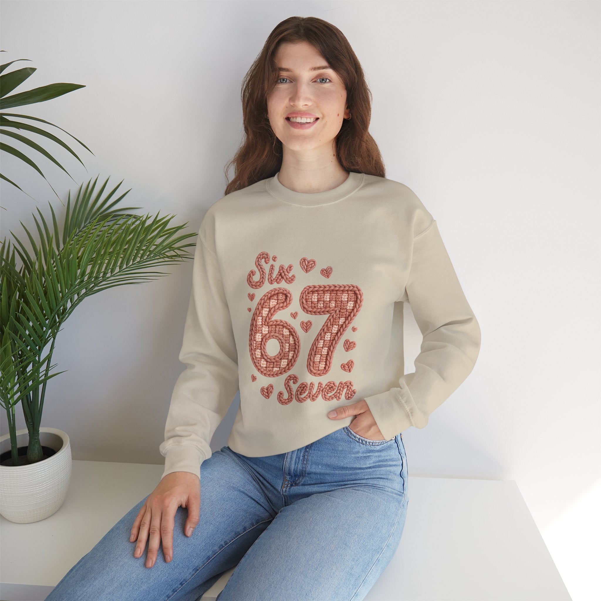 Crewneck Sweatshirt "Six Seven 67" Retro Plaid Hearts
