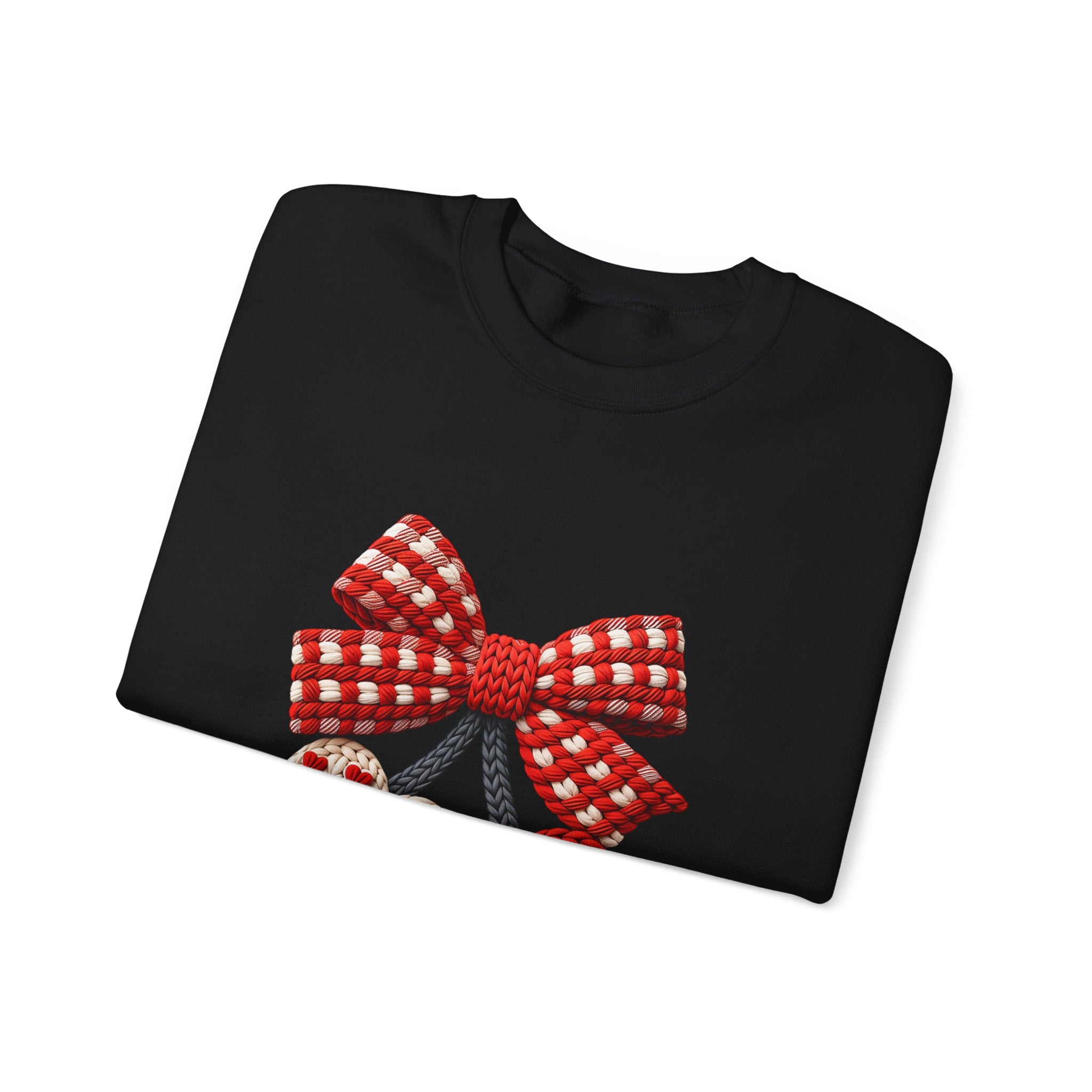 Heart Ornament Crewneck Sweatshirt — Knitted Red Hearts & Gingham Bow Valentine's Pullover
