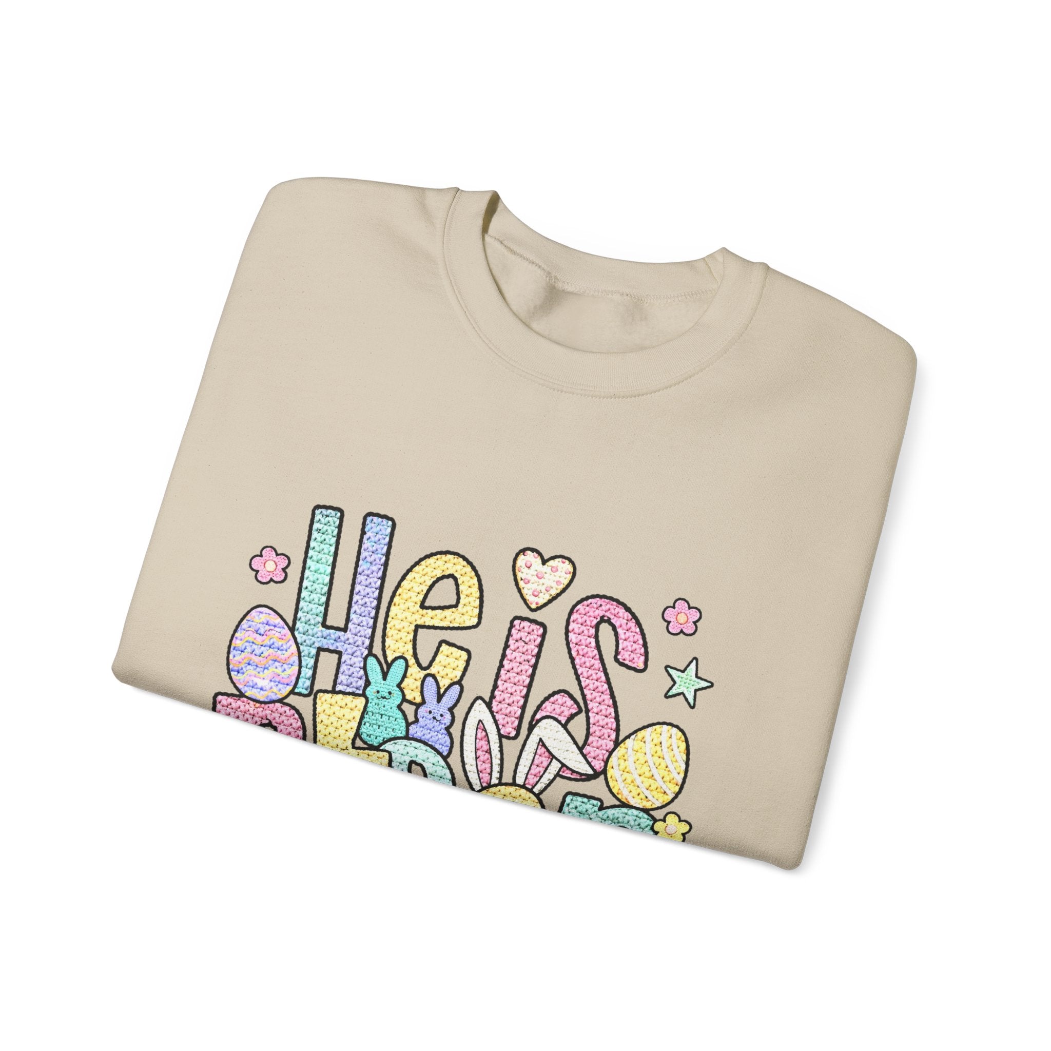 Crewneck Sweatshirt — Pastel "He is Risen" Easter Graphic