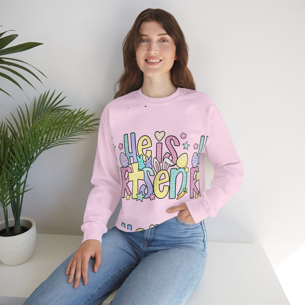 Crewneck Sweatshirt — Pastel "He is Risen" Easter Graphic