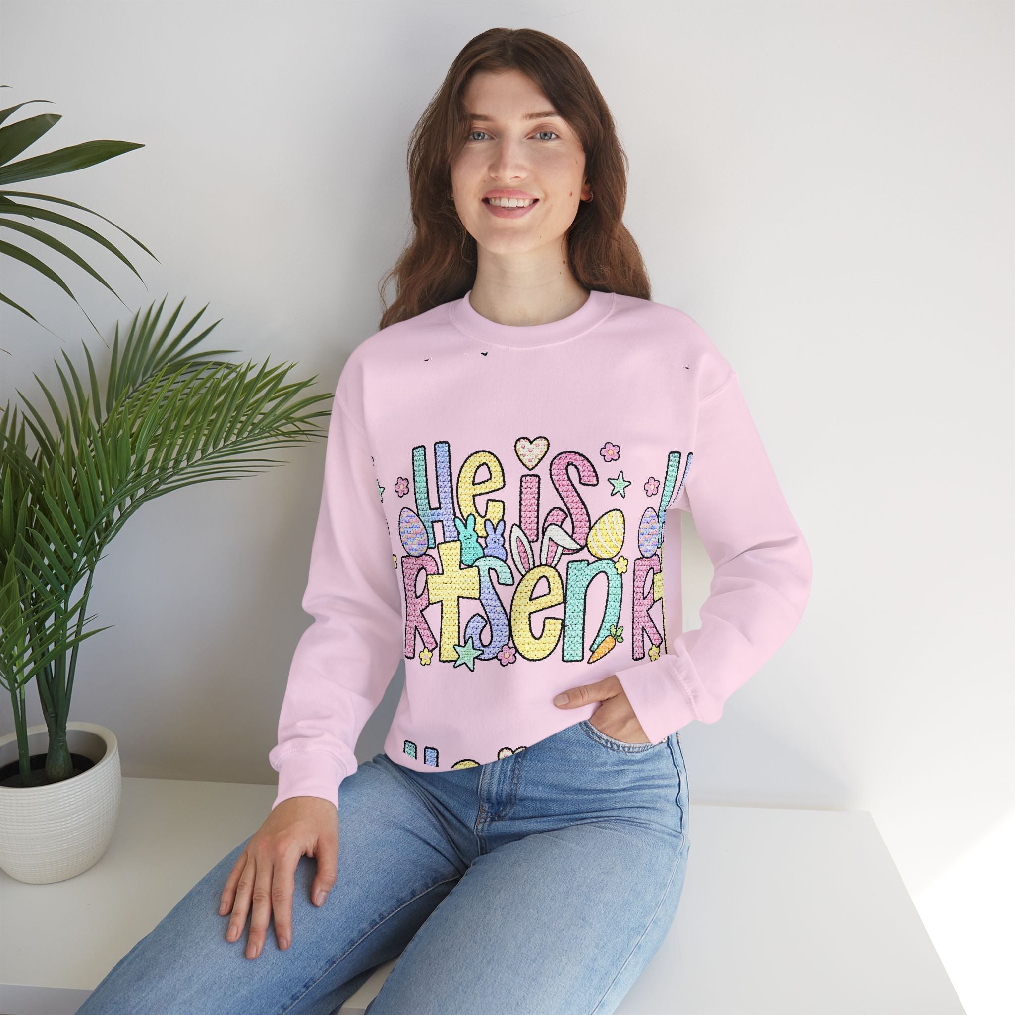 Crewneck Sweatshirt — Pastel "He is Risen" Easter Graphic