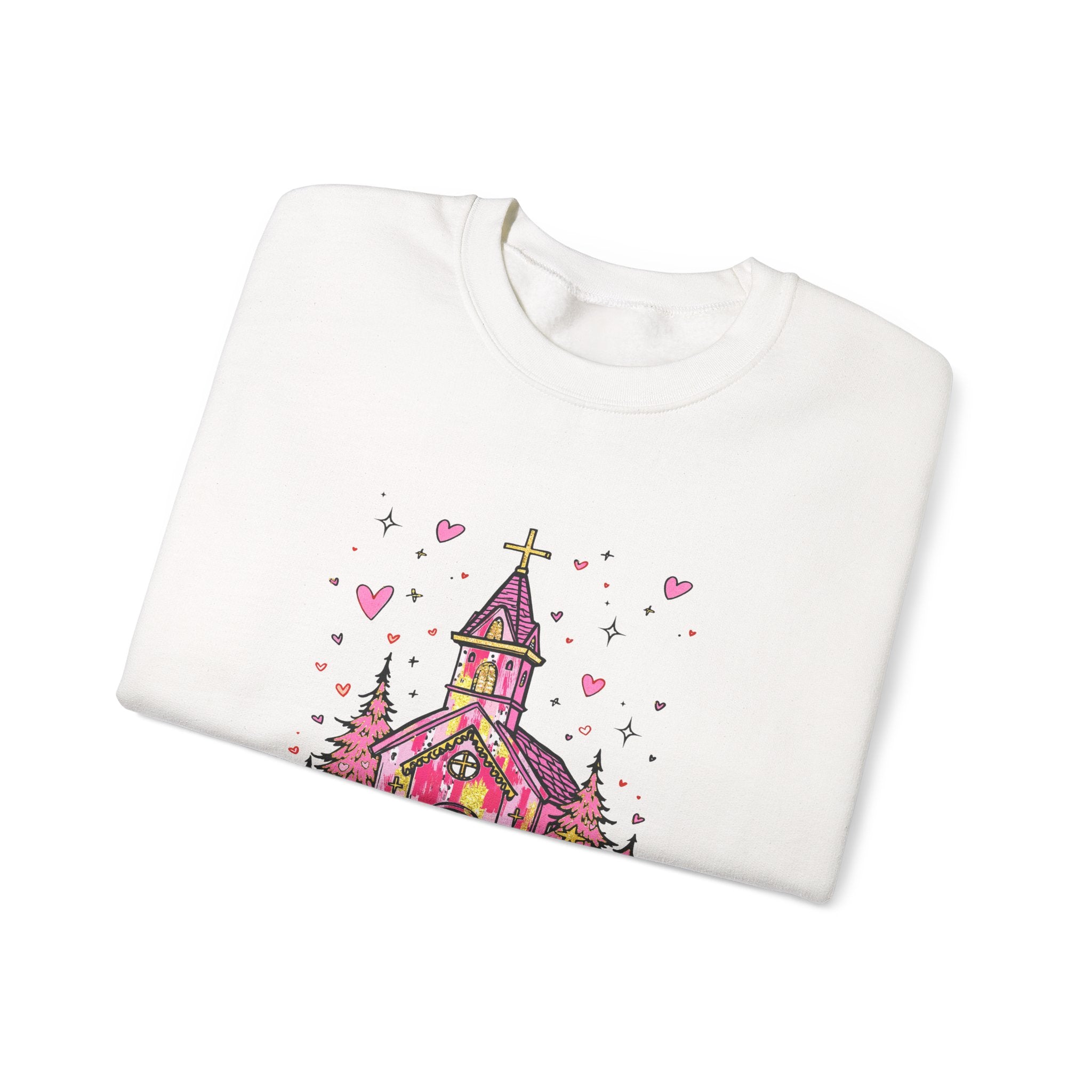 Christian Sweatshirt — Pink Church Illustration with “I John 4:19” Scripture