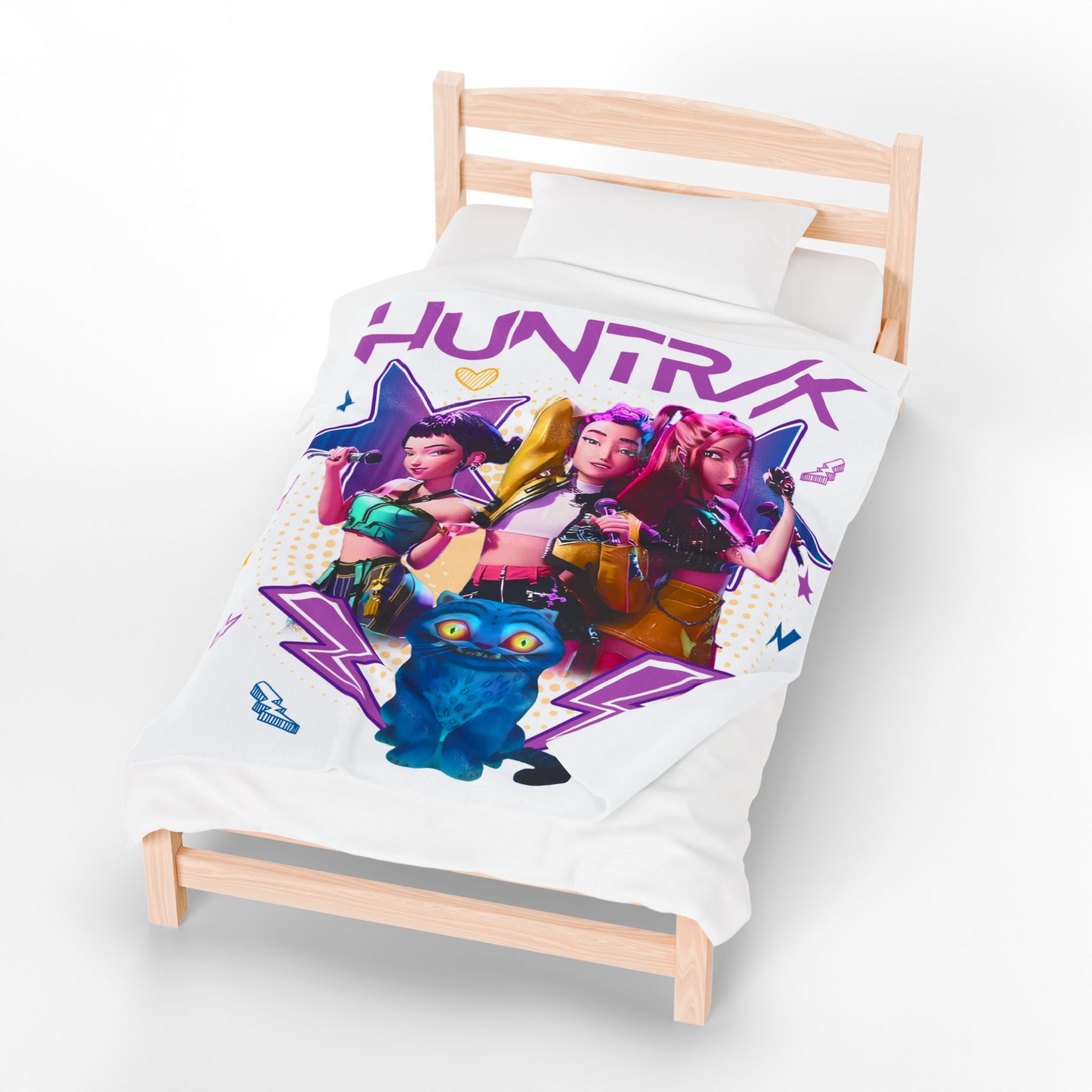 HUNTRX Girl Band Velveteen Plush Blanket – Colorful Pop Star Throw with Blue Cat