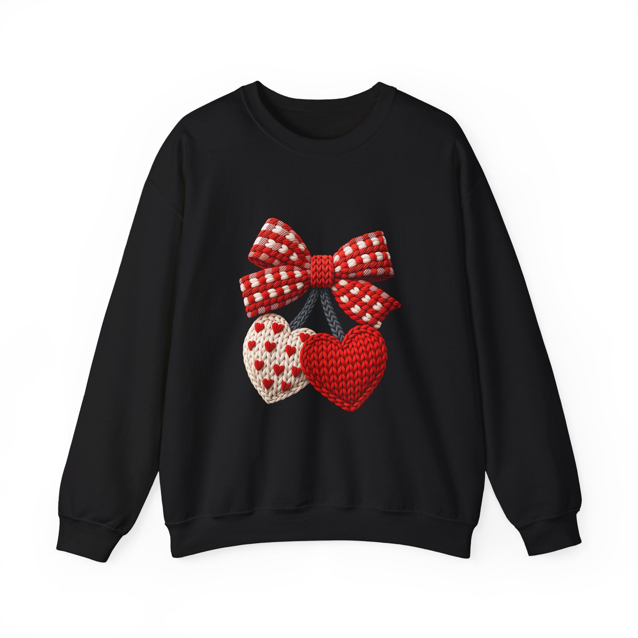 Heart Ornament Crewneck Sweatshirt — Knitted Red Hearts & Gingham Bow Valentine's Pullover