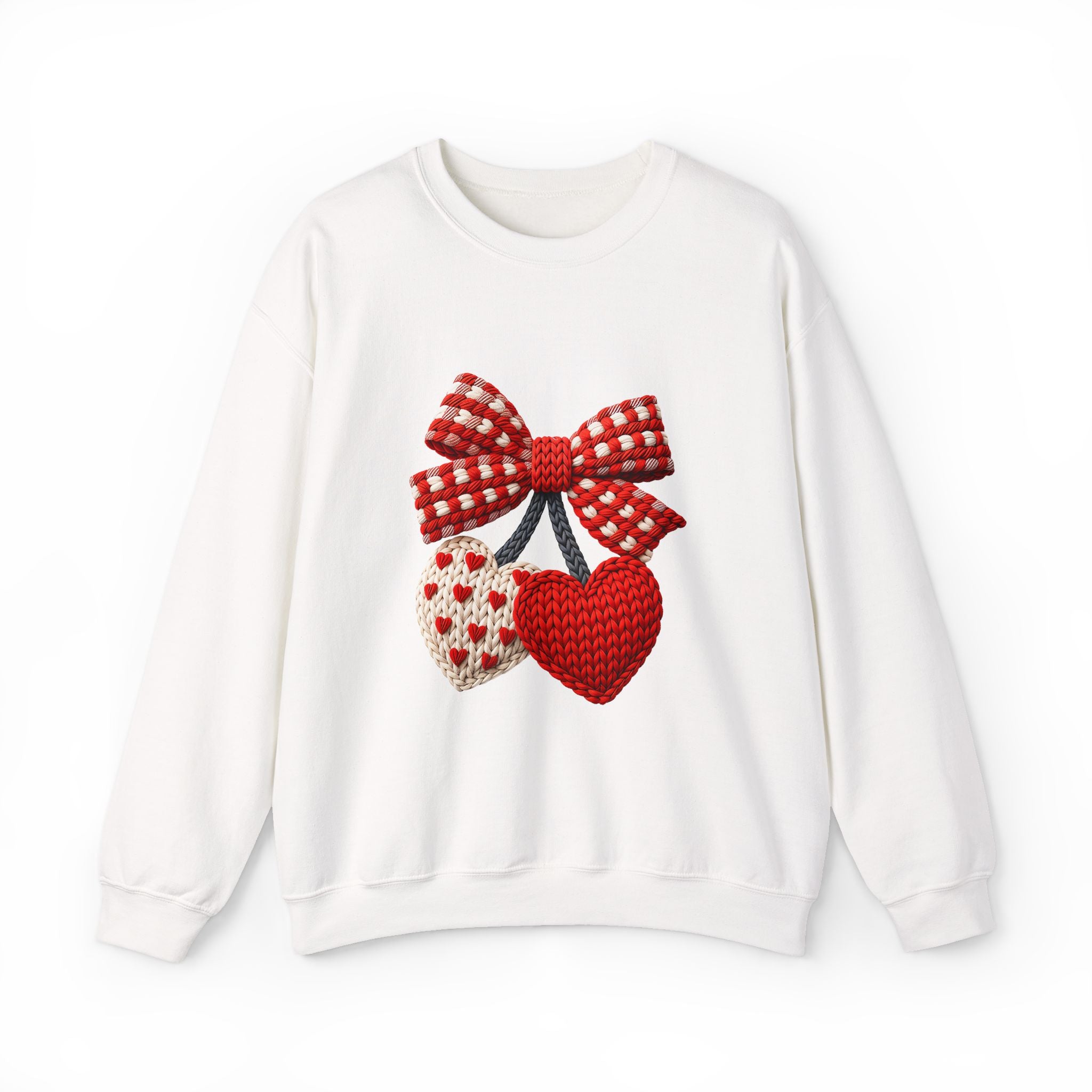 Heart Ornament Crewneck Sweatshirt — Knitted Red Hearts & Gingham Bow Valentine's Pullover