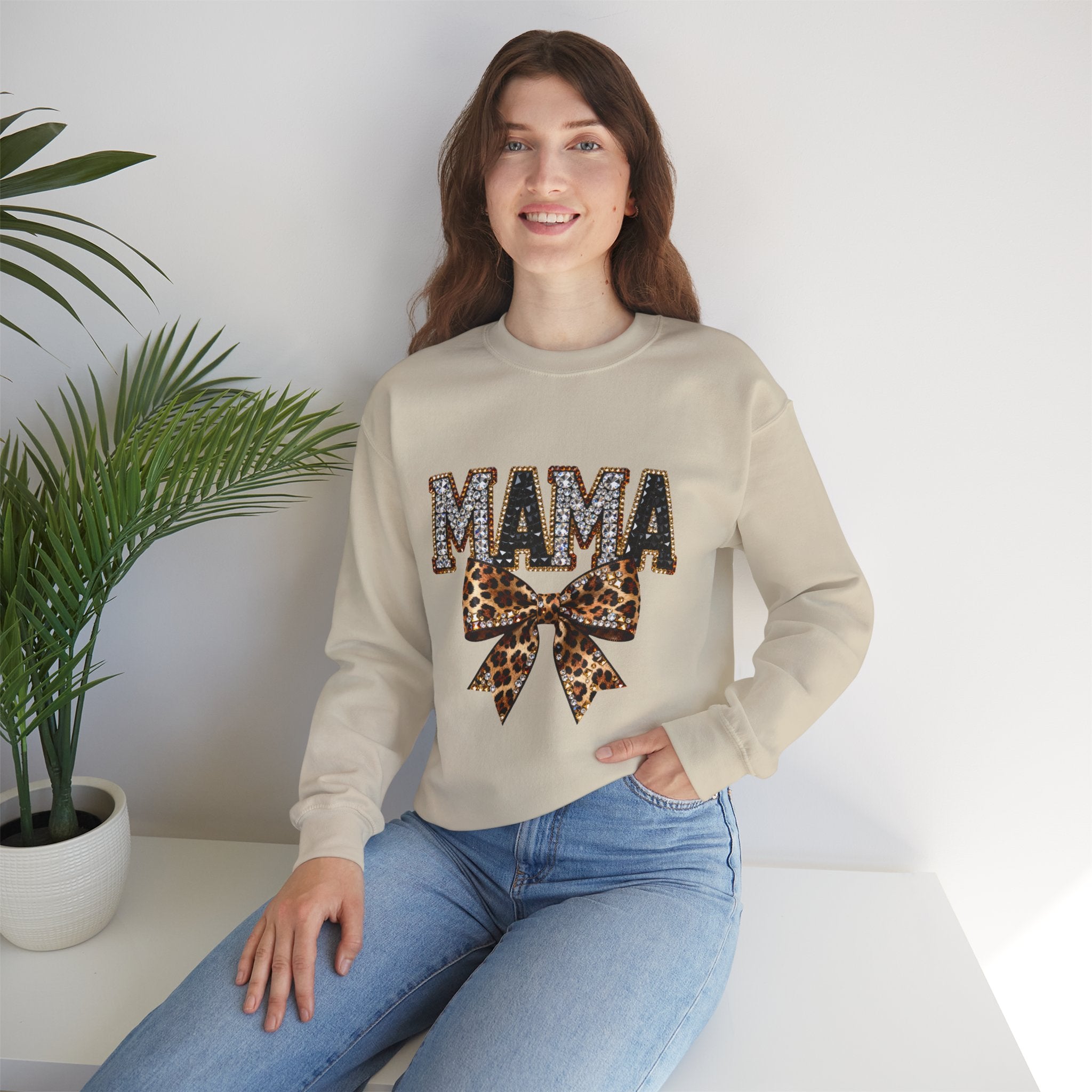 Mama Leopard Bow Crewneck Sweatshirt — Mama Graphic Pullover for Moms