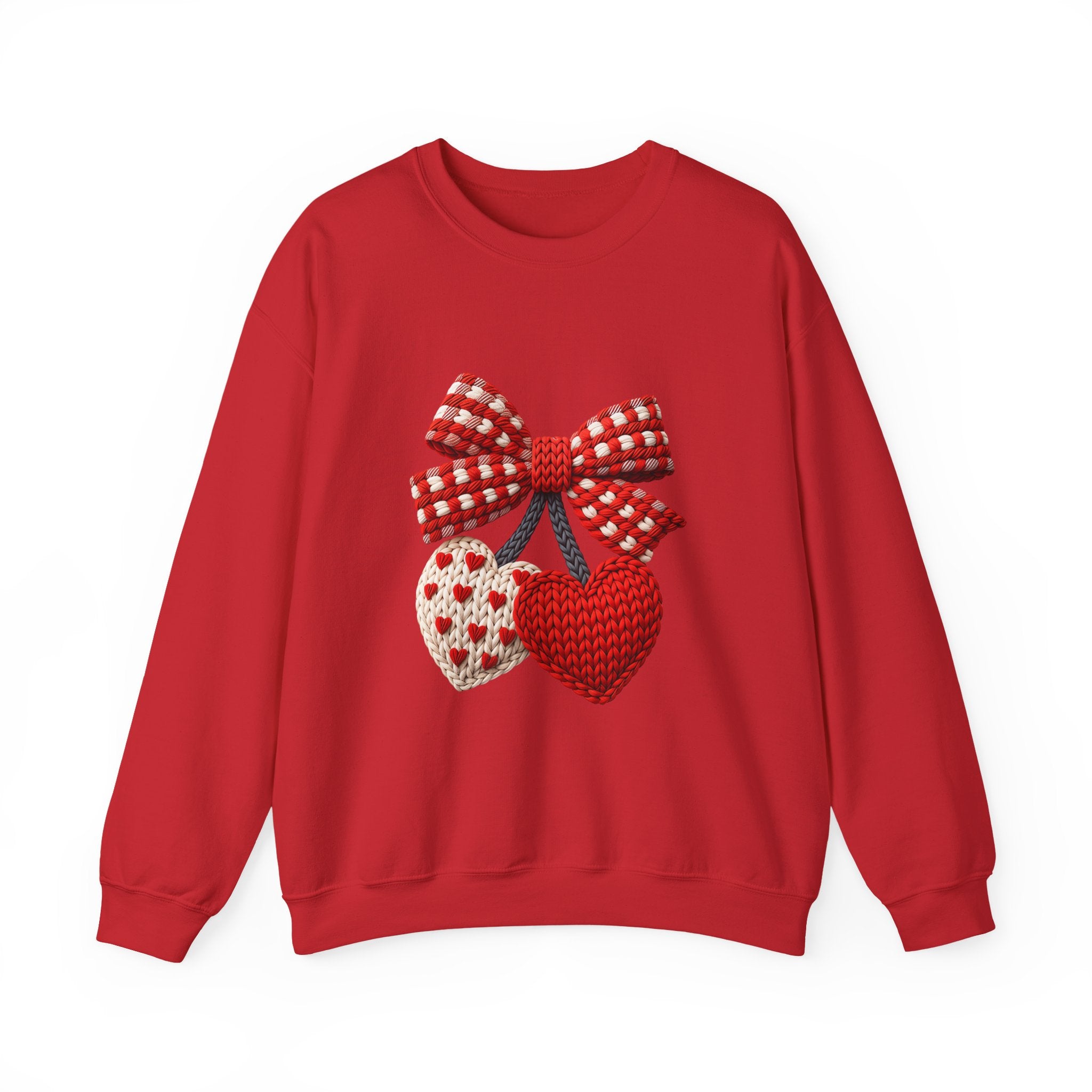 Heart Ornament Crewneck Sweatshirt — Knitted Red Hearts & Gingham Bow Valentine's Pullover