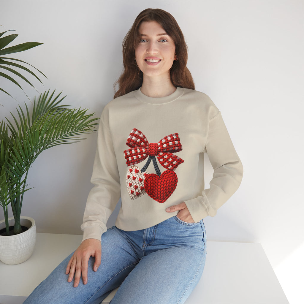 Heart Ornament Crewneck Sweatshirt — Knitted Red Hearts & Gingham Bow Valentine's Pullover