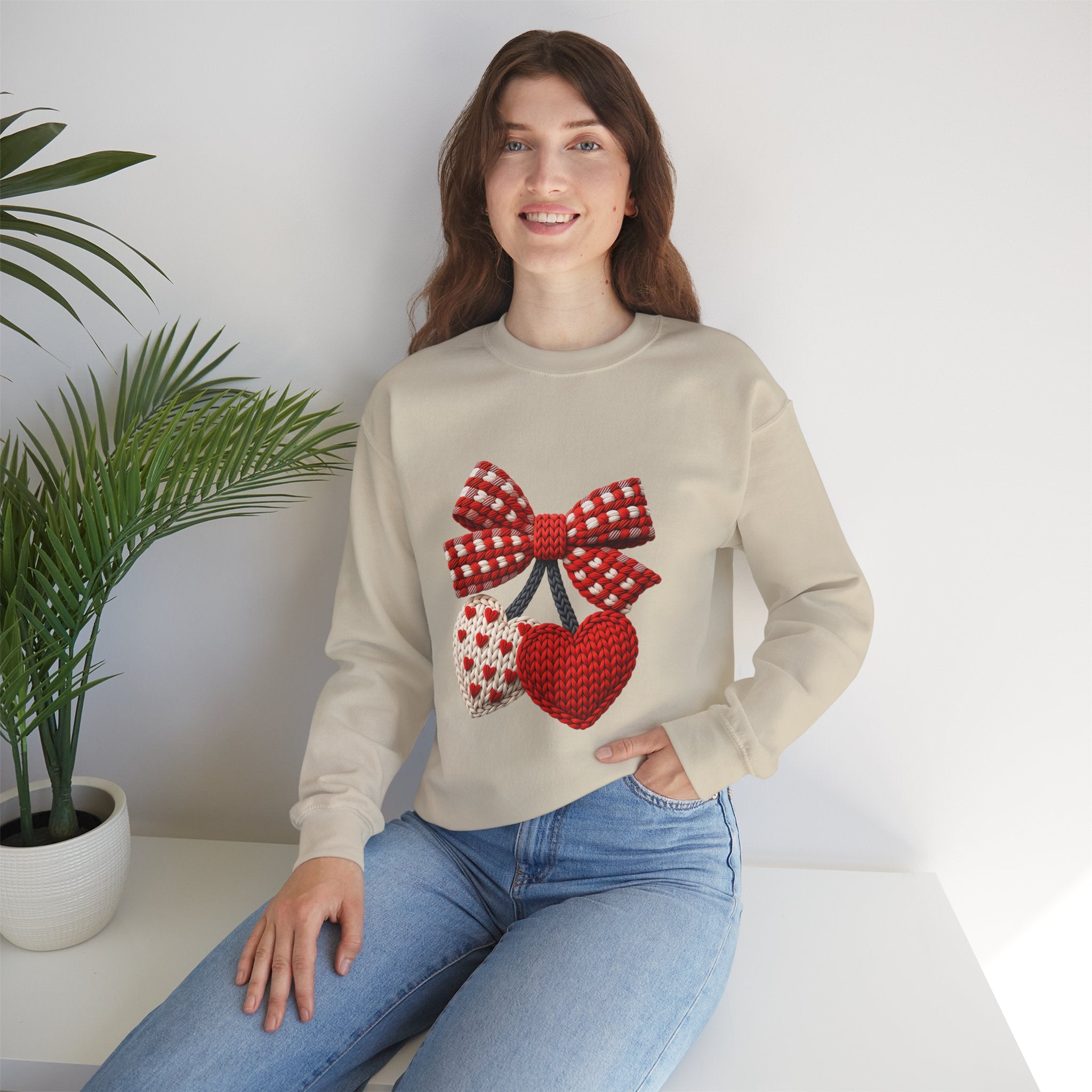 Heart Ornament Crewneck Sweatshirt — Knitted Red Hearts & Gingham Bow Valentine's Pullover