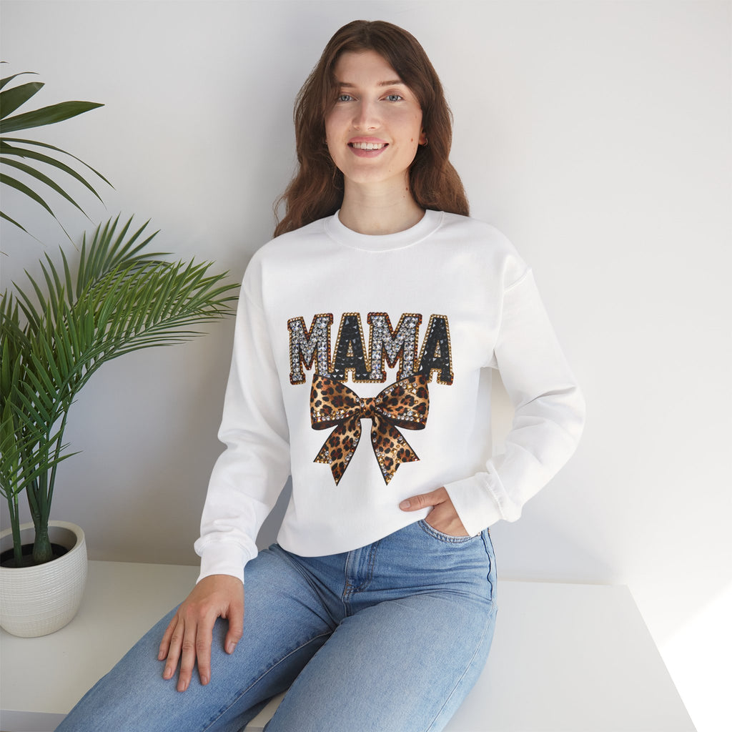Mama Leopard Bow Crewneck Sweatshirt — Mama Graphic Pullover for Moms