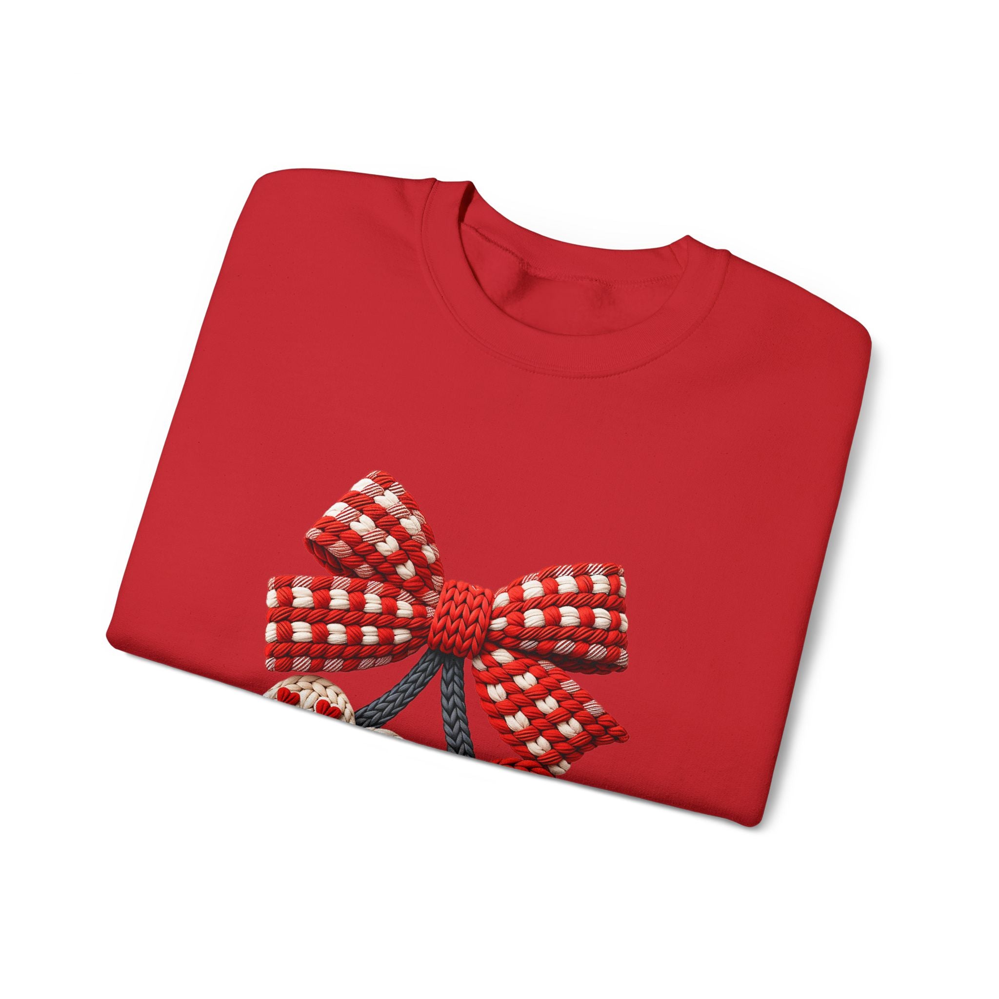Heart Ornament Crewneck Sweatshirt — Knitted Red Hearts & Gingham Bow Valentine's Pullover