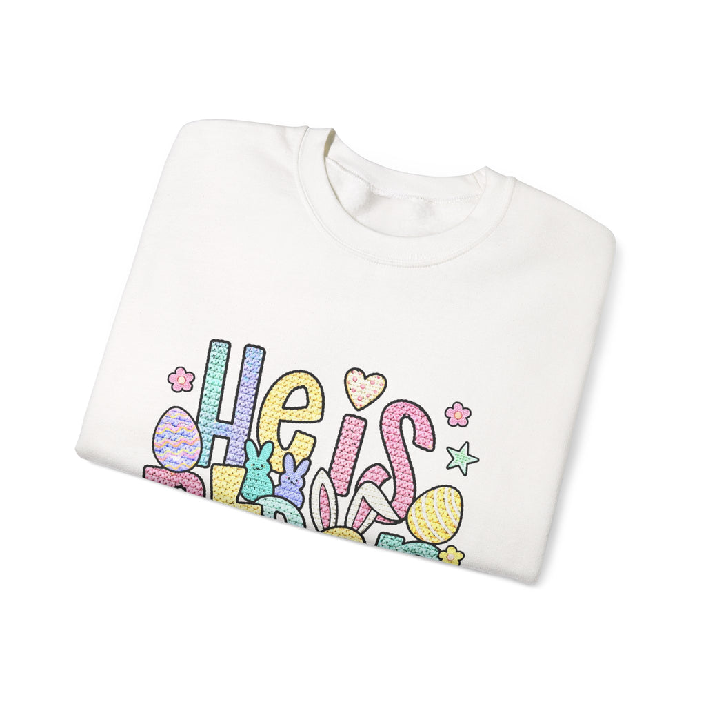 Crewneck Sweatshirt — Pastel "He is Risen" Easter Graphic